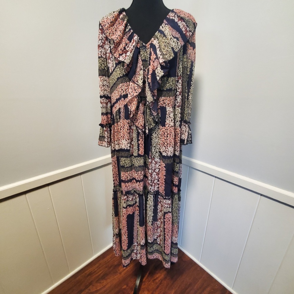 Cato Est 1946 Sheer Floral Dress 3/4 Sleeve V-Neck Ruffled Tiered Size Large